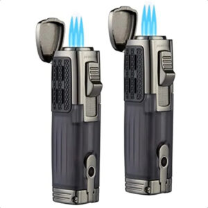 Premium Triple Cigar Torch Lighter with Transparent Fuel Tank (2-Pack) & cigar punch.