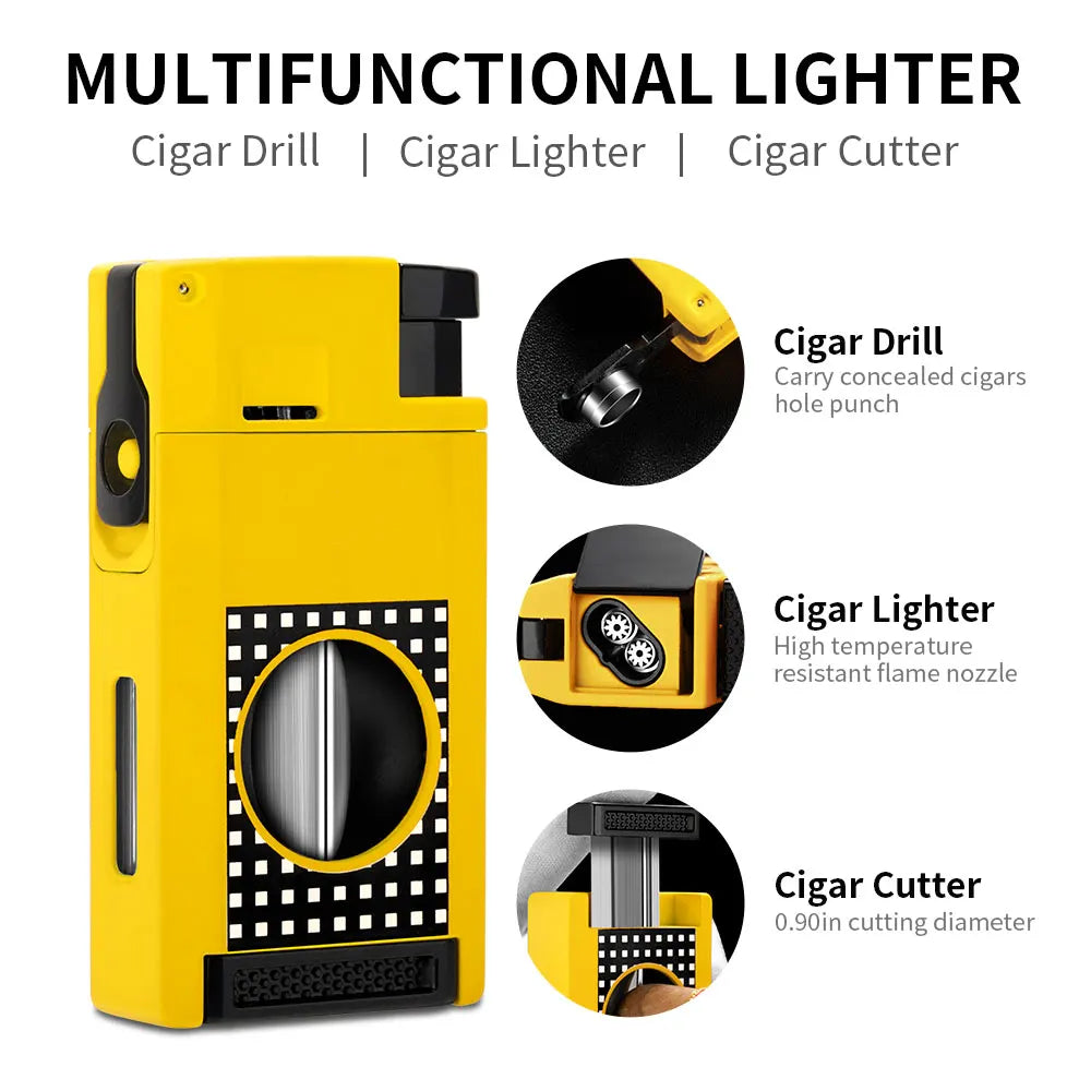 3-in-1 Cuban Cigar Lighter Windproof with Cigar Holder and Cigar Cutter V Cut with Gift Box Traveler's Carry with Logo CLB-24B5