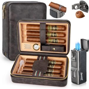Luxury Leather Cigar Travel Set: Humidor and 4 Jet Torch Lighter w bullet and cradle -USA warehouse