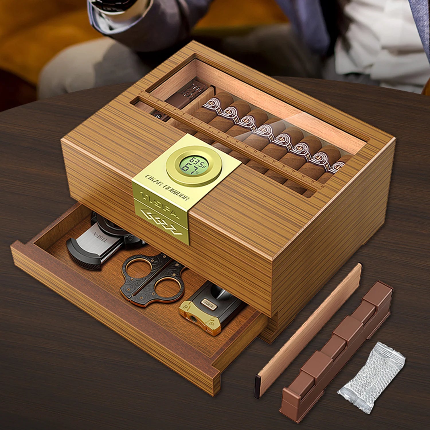 Cigar Box Humidor with Hygrometer and Humidifier, Cedar Wooden Case with Drawer, Divider, Length Gauge