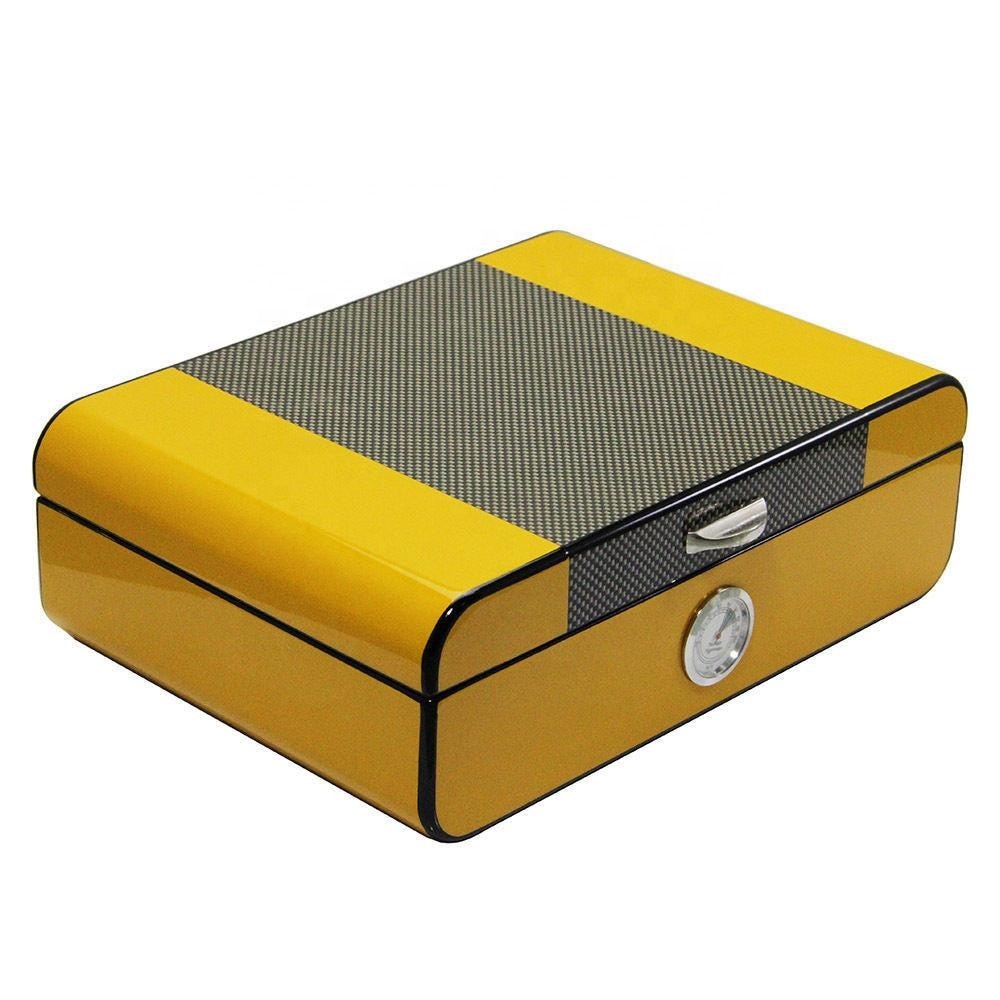 Handmade Yellow Carbon Fiber Cohiba Colour Cedar lined Humidor incl hygrometer and humidifier